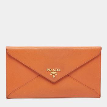 推荐Prada Orange Saffiano Leather Envelope Wallet商品
