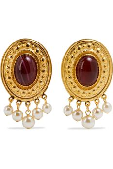 商品Gold-tone, stone and faux pearl clip earrings图片