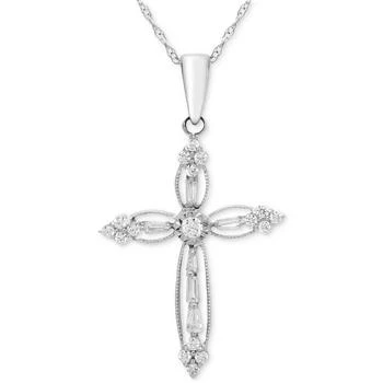 Macy's | Diamond Round & Baguette Openwork Cross 18" Pendant Necklace (1/4 ct. t.w.) in 14k White Gold 