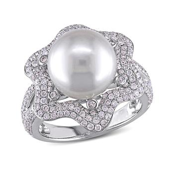 商品South Sea Cultured Pearl (10-10.5mm) and Diamond (1 ct. t.w.) Floral Halo Cocktail Ring in 14k White Gold,商家Macy's,价格¥59125图片