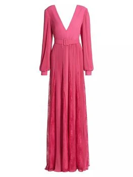 Badgley Mischka | Plissé Georgette & Lace Godet Belted Gown,商家Saks Fifth Avenue,价格¥7427