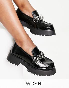 ASOS | ASOS DESIGN Wide Fit Mai chunky chain loafers in black patent商品图片,额外8.5折, 额外八五折