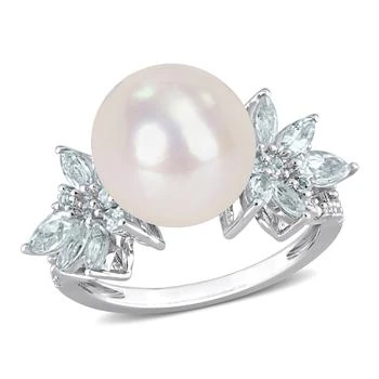 Mimi & Max | Mimi & Max 11-12mm Cultured Freshwater Pearl and 1 1/5ct TGW Aquamarine and 1/10ct TDW Diamond Flower Ring in Sterling Silver,商家Premium Outlets,价格¥1350