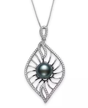 Macy's | Cultured Black Tahitian Pearl 9-10mm and Cubic Zirconia Drop Pendant in Sterling Silver with 18" Chain,商家Macy's,价格¥836