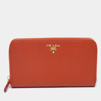 推荐Prada Orange Saffiano Leather Zip Around Continental Wallet商品