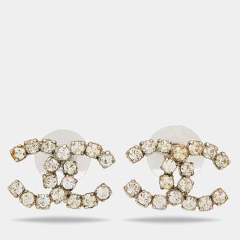 [二手商品] Chanel | Chanel Silver Tone Crystal CC Stud Earrings商品图片,6.3折, 满$600减$50, 满减