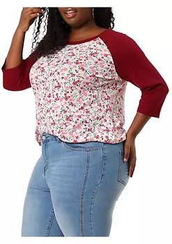 推荐Women's Plus Size Tee Shirt Floral Print 3/4 Sleeve Tunic Top Raglan Round Neck Tops商品