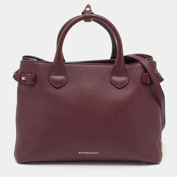 burberry tote, [二手商品] Burberry | Burberry Burgundy Leather and House Check Fabric Medium Banner Tote商品图片 6折