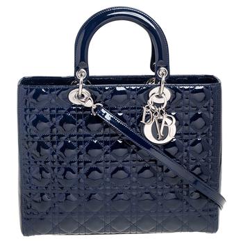 迪奥托特包, [二手商品] Dior | Dior Navy Blue Cannage Patent Leather Large Lady Dior Tote商品图片 8.6折