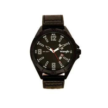 Wrangler | Men's Watch, 48MM IP Black Case with Textured Black Dial, Arabic Numerals, Rugged Brown Texture Strap, Analog, Second Hand, Date Function 