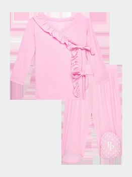 商品Solid Ribbed Tie Front Ruffled Kimono Posh Pink图片
