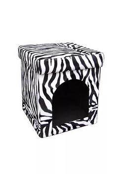 商品Pet House with Zebra Print Fabric and Removable Top, White and Black图片