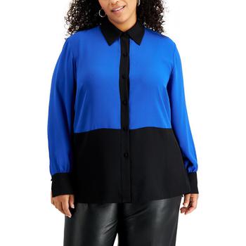 Bar III | Bar III Womens Plus Colorblocked Professional Button-Down Top商品图片,2.5折, 独家减免邮费