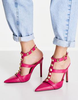 推荐ASOS DESIGN Wide Fit Priyah studded high heeled shoes in dark pink商品