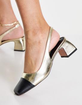 asos design, ASOS | ASOS DESIGN Sally toe cap slingback block heeled shoes in gold商品图片 5.5折