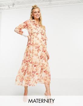Iris & Ivy, Hope & Ivy Maternity | Hope & Ivy Maternity collared shirt dress with wrap tie and drop hem in blush floral商品图片 7折