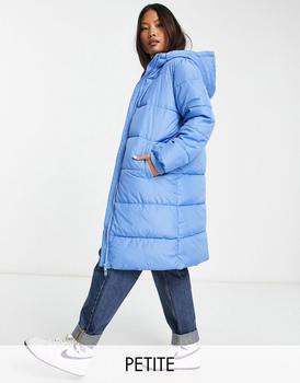 推荐Pieces Petite longline padded coat with hood in ice blue商品
